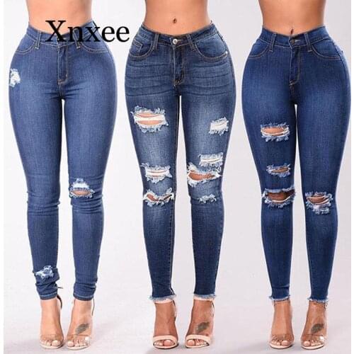 Blue hole long pants denim Casual Womens Ladies High Waisted Skinny Ripped Denim Pants Slim Pencil Jeans Trousers Blue