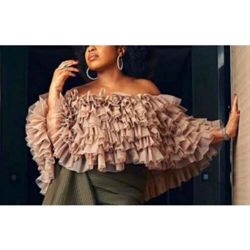 Ropa de mujer Tulle Tiered Top Shirt Ruched Off Shoulder Khaki Blouse Fashion Blouse Fashion Women Tops Custom Made