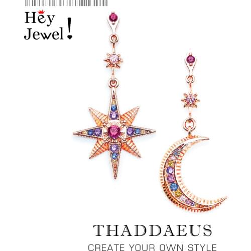 Drop Earring Star & Moon Vintage Gift For Women High Quality Mismatch Look Rose Gold Color 925 Sterling Silver Fashion Jewelry