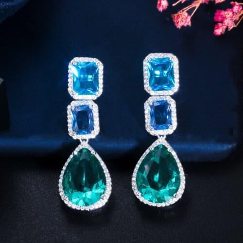 QTT Retro Paraiba Emerald Tourmaline Gemstone Dangle Earrings For Women Vintage Silver Gold Jewelry For Wedding Bride
