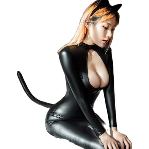 Hollow Out Long Zipper Open Crotch Bodysuit Cosplay Eyra Cat Girl Catsuit PU Leather Catsuit Rompers Womens Jumpsuit Set Teddies