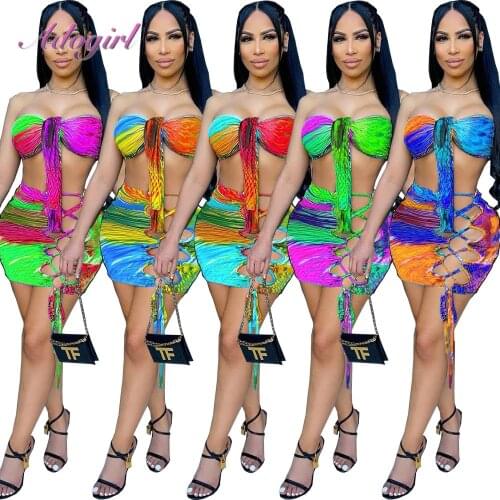 Women Tie Dye Skirt Suit Sexy Party Club Two Piece Set Off Shoulder Bandage Crop Top Hollow Out Mini Skirt Outfit Matching Sets