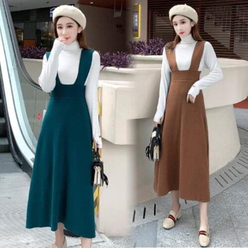 Women Autumn Knitted Dress Suit High Waist Preppy Style Brace Strap A-line Skirt Full Sleeve Turtleneck Sweater Top Pullovers