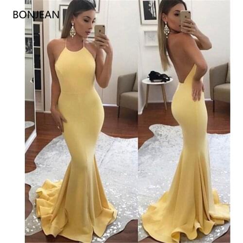 2019 Yellow Evening Dresses Long Halter Satin Gown Sleeveless Mermaid Formal Evening Party Dress for Women