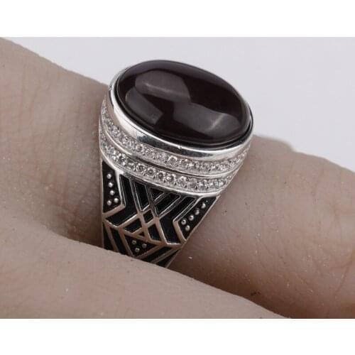 925 Sterling Silver Men Finger Ring with Dark Brown Agate Stone Men Punk Big Onxy Ring with Clear CZ Fine Wedding Jewelry