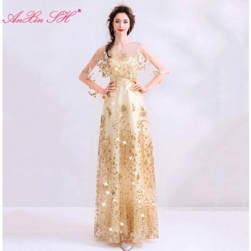 AXJFU princess golden lace evening dress luxury vintage party o neck illusion beading gold powder long evening dress 8181