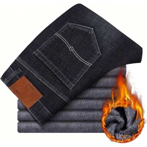 Plus Size 42 44 46 Winter Mens Thick Warm Jeans 2020 New Business Casual Black Stretch Denim Loose Pants Brand Trousers