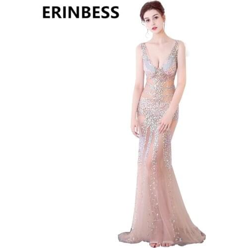 2019 Black Pink Mermaid Evening Dresses See Through Sexy V Neck Beaded Crystal Rhinestone Long Floor Length Formal Party Gowns