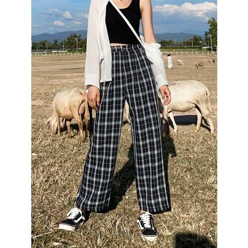 2021Fashion Simple Vintage Plaid Causal Long Women Pants Street Fashion Straight Wide Leg Pant