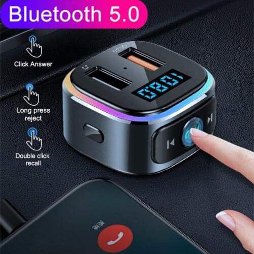 Bluetooth 5.0 FM Transmitter USB Music Receiver Car MP3 Player Fast Charge QC 3.0 Dual USB Charger with Colorful Ambient Light
