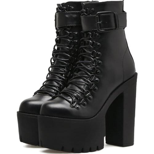 Fashion Motorcycle Boots Women Leather Spring Autumn Metal Buckle High Heels Shoes Zipper Black Ankle Boots Woman Lacing Heels