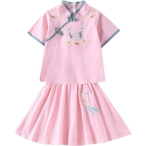 Kids girls summer 2pcs suit, costume Chinese style golden embroidered T-shirt + skirts new big virgin suit 4-12 years old