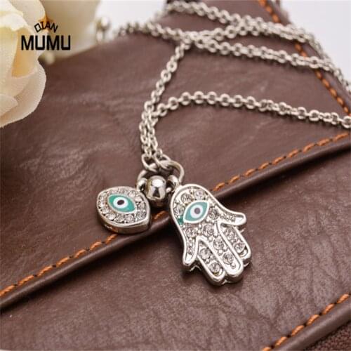 Hot Sale Vintage Arab Crystal Sliver Golden Color Chain Statement Necklace Evil Eyes & Hamsa Hand Pendants Necklace