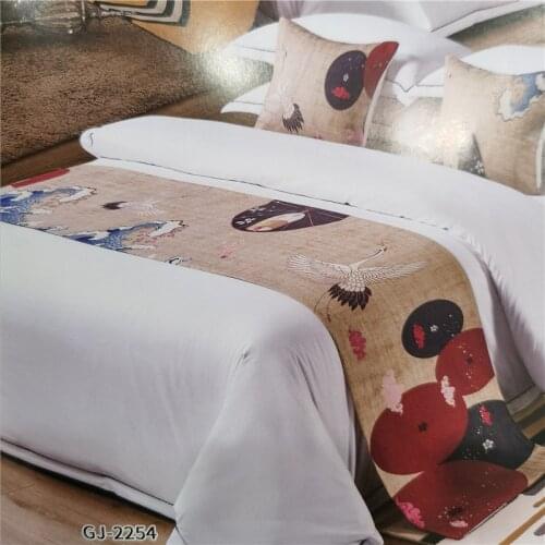 Lotus Ink Painting Bed Runners Classical Chinese Style Red-crowned Crane Bed Covers Spread Simplcity Throw Runners Pillowcases