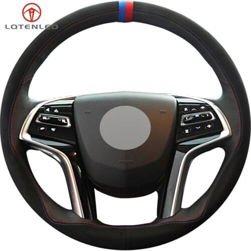 LQTENLEO Black Leather Black Suede DIY Car Steering Wheel Cover For Cadillac SRX 2013-2015 XTS 2010-2018 Escalade 2015-2019