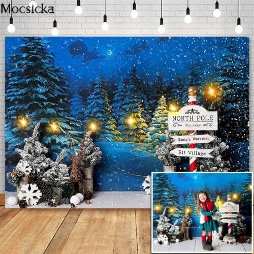 MOCSICKA Christmas Winter Snow Night Backdrops for Photography Pine Santa Sleigh Light Decor Photocall Background Photo Studio
