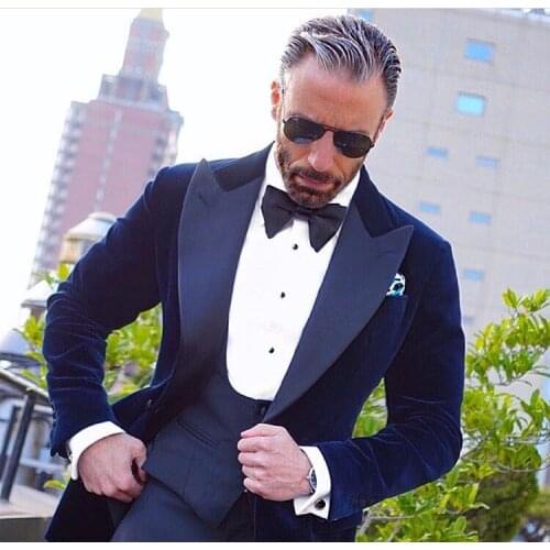 Costume Homme Wedding Suits For Men 2019 Traje Hombre Men Wedding Groom Dress Suit Navy Blue Velvet Jacket+Vest+Pant Mens Suits