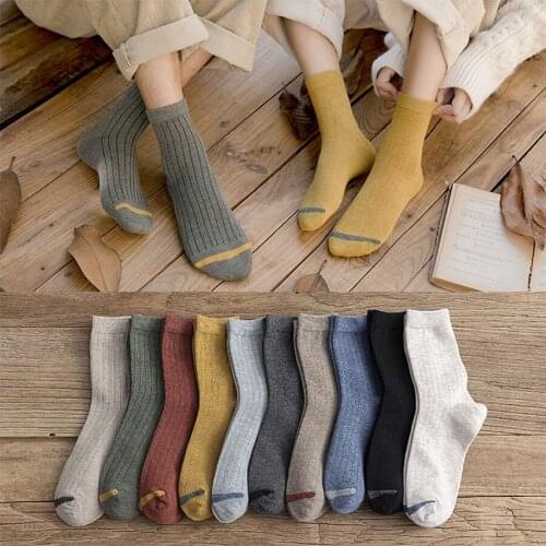 Cotton Women Socks Striped Pattern Solid Color Black Brown Green Crew Socks Harajuku Casual Female Short Sock 1 Pack
