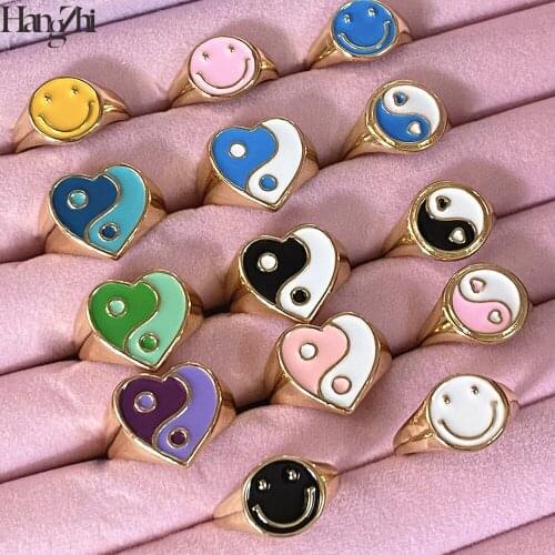 HangZhi 2021 New Colorful Heart Tai Chi Smiley Round Dripping Oil Trendy Golden Color Ring for Women Girls Summer Party Jewelry