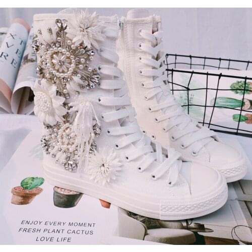 New Rhinestone Heavy Industry Xianxiannei Increased Canvas Shoes Personality Tasseled High Tube White Shoes