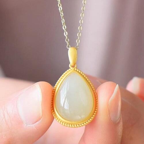 New silver inlaid natural Hotan white jade Drop Shaped Pendant Necklace Chinese style retro cool charm light luxury lady jewelry