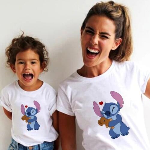Disney Kawaii Stitch Baby Girl T-shirt Fashion Family Matching Outfits Mommy and me Summer Clothes Korean Style Family shirt