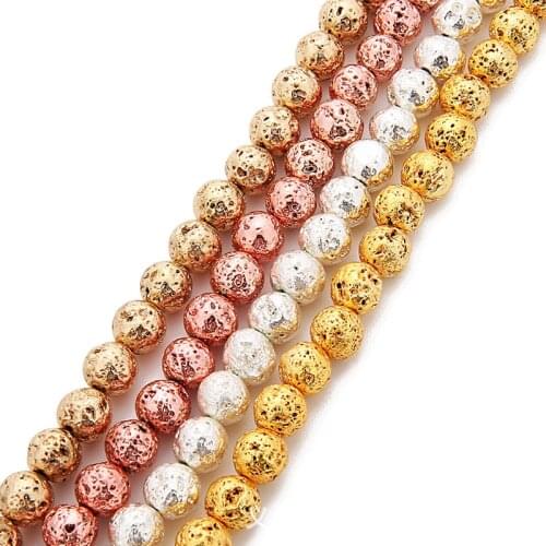Wholesale 4 6 8 10 12mm Lava Hematite Beads Plating Silve Gold Color Coated Volcanic Rock Stone for DIY Jewelry Making Necklace