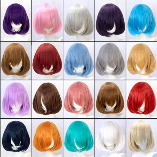 Synthetic Straight Pink Short Bob Wig Cosplay Wigs for Women with Bangs Fringe Natural Hair Color Red Blue Purple for Daily Use