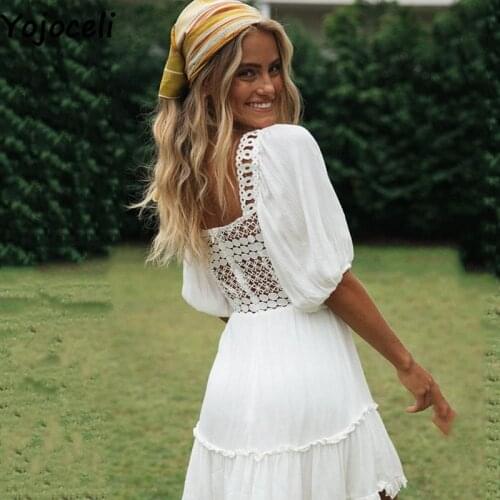 Yojoceli Sexy white lace summer women dress Ruffle casual beach mini dress Cute sweet short female dress vestidos