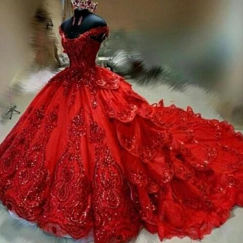Luxury Red Quinceanera Dresses Off the Shoulder Puffy Tiered Skirt Sweet 16 Dress Sequins Applique Beaded vestidos de 15 años