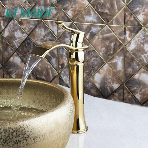KEMAIDI High New Deck Bathroom Basin Sink Mixer Tap Polished Gold Faucet Waterfall Faucet Bathroom Faucet Deck Mounted
