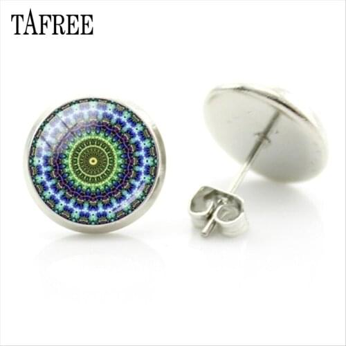 TAFREE Glass Kaleidoscope Blue Figure Stud Earring Indian Mandala Flower Earrings For Birthday Gifts Women Jewelry HN465
