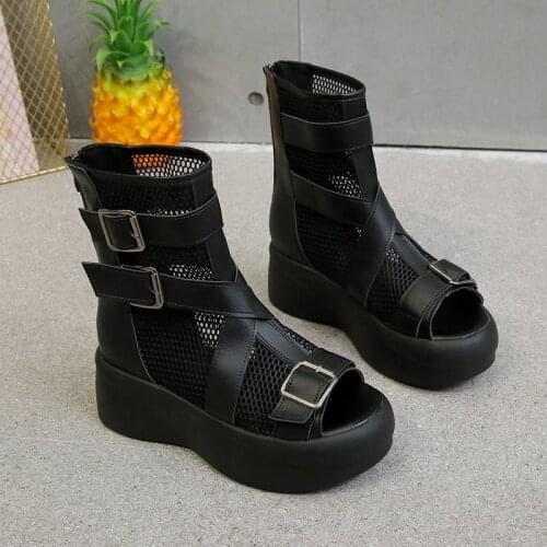 2021 New Cool Boots Womens Leather Hollow Out Summer Fish Mouth Net Boots High Slope Heel Soft Leather Mesh Sandals Women