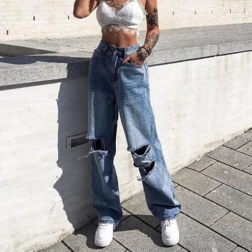Women High Waist Destroyed Flare Jeans Vintage Ripped Hole Wide Leg Denim Long Pants Harajuku Loose Baggy Trousers