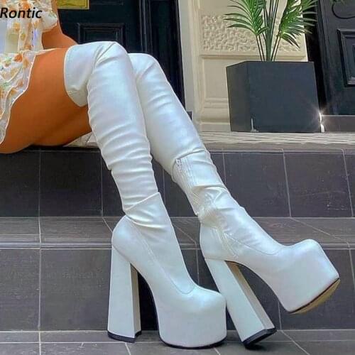 Rontic Women Spring Over Knee Boots Hidden Waterproof Chunky Heels Round Toe Pretty White Red Black Party Shoes Size 34 45 47
