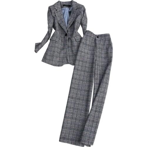 Autumn winter ol plaid woolen blazer+high waist wide leg pants women two piece sets