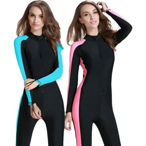 Womens Seaside Swimming Surfing Beaching One-piece Suit with Chest Pad Long-sleeved Wetsuit Sunscreen Zipper Couple Suit