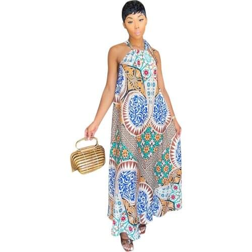 Women Maxi Dresses Color Halter Sleeveless Backless Beach Fashion Loose Lace Up Sun Dress Summer 2021