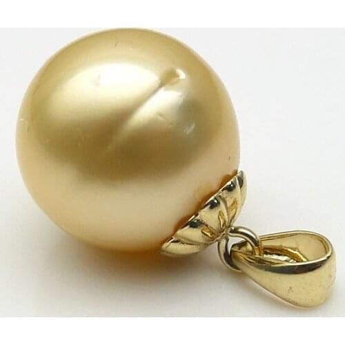 11.3MM Round Golden Genuine South Sea Pearl Pendant 9K Solid Yellow Gold
