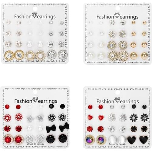 12 Pairs/Set Crystal Simulated Pearl Stud Earrings For Women Elegant Rose Butterfly Piercing Ball Earring Party Wedding Jewelry