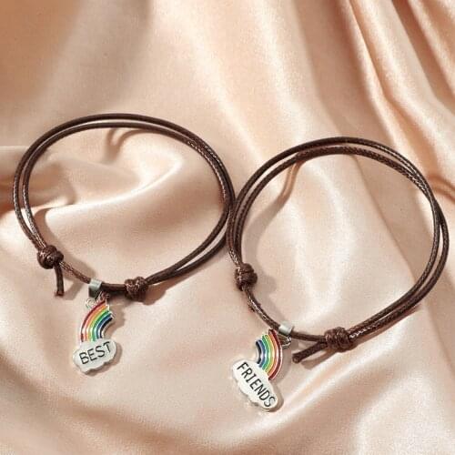 2Pcs/set Best Friend Bracelet Charm Lady Rainbow Heart Engrave Best Friend Forever Rope Bracelet Friendship BFF Jewelry Gift