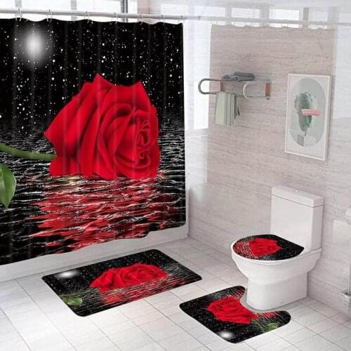 Valentines Day Red Rose Shower Curtain Waterproof Fabric and Floor Mat Dry Quickly 4pcs Set Bathroom Toilet Floor Kitchen Carpet