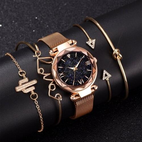 Womens watches 5pcs Set Branded Wristwatch Love Bracelet Stainless steel Strap Luxury watch Gifts Female Rose gold Watches Sale
