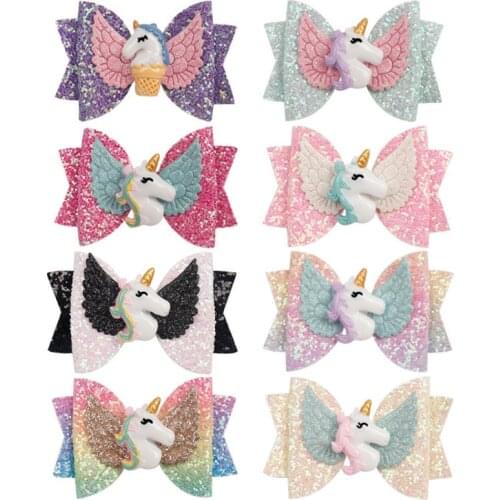 5pcs/lot 3 inch Glitter Wing Hair Bows Unicorn Bows Girls Hairpins Kids Hair Clips Handmade Cute Barrettes Party Outfit Headwear