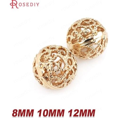 6PCS 8MM 10MM 12MM 24K Champagne Gold Color Plated Brass Hollow Pattern Round Beads High Quality Diy Jewelry Accessories