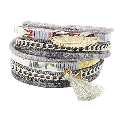 PU Leather Bracelets & Bangles Women Pulseira De Couro Feminine Long Flora Print Leaf Tassel Magnetic Wrap Pulseras Mujer