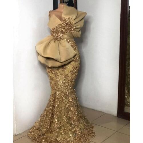 Formal robe de soirée de mariage Gold Mermaid Evening Dresses Long Appliqued Beaded African Prom Dress Arabic vestidos formales