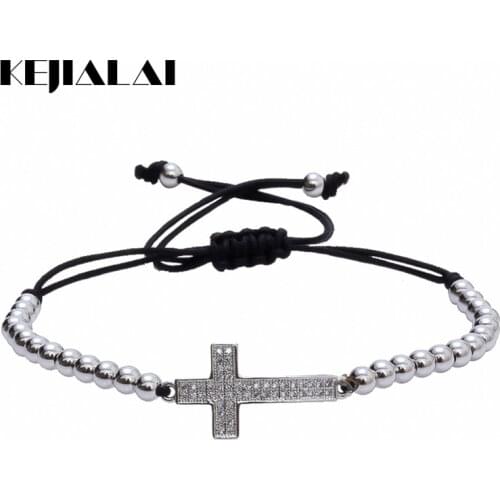 Classic Style Unisex Jewelry Cross Bracelet Micro Pave White CZ Cross Charm 4mm Beads Religious Jesus Rosary Macrame Bracelet