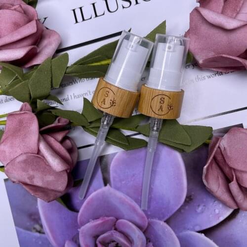 Engraved Custom Logo White Black bamboo disc top caps for cosmetic 18/410 24mm 20R Bamboo Wood Lotion Dropper Bottles Spray Lids