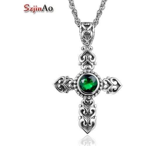 Szjinao Pendant Women silver 925 Emerald Cross Carved pendentif gemstones Authentic Fashion Antique Jewelry wedding gifts